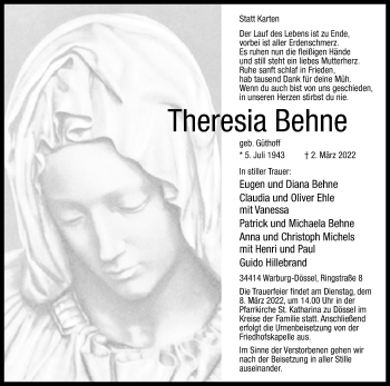 Traueranzeige von Theresia Behne von Westfalen-Blatt