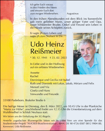 Traueranzeige von Udo Heinz Reißmeier von Westfalen-Blatt