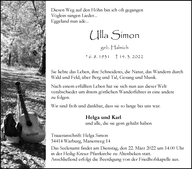  Traueranzeige für Ulla Simon vom 19.03.2022 aus Westfalen-Blatt
