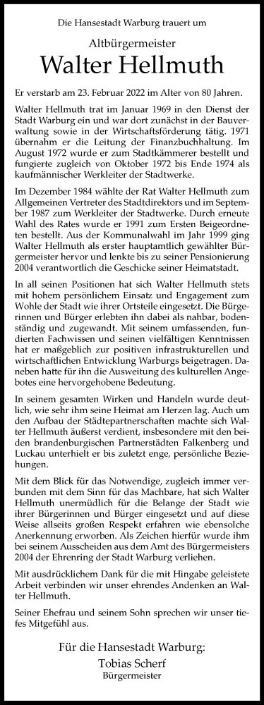  Traueranzeige für Walter Hellmuth vom 03.03.2022 aus Westfalen-Blatt