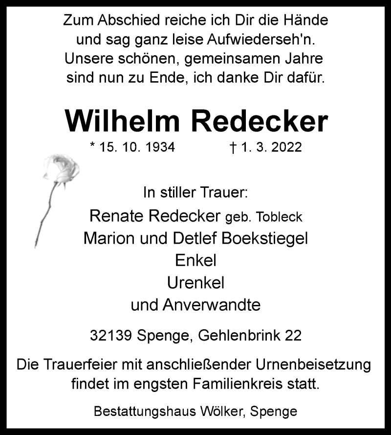  Traueranzeige für Wilhelm Redecker vom 12.03.2022 aus Westfalen-Blatt