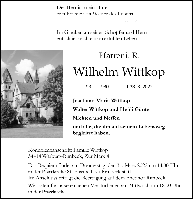  Traueranzeige für Wilhelm Wittkop vom 26.03.2022 aus Westfalen-Blatt