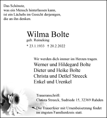 Traueranzeige von Wilma Bolte von Westfalen-Blatt