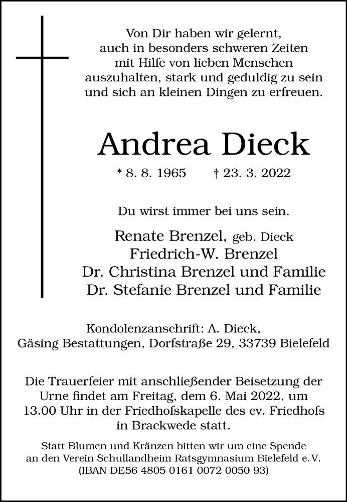  Traueranzeige für Andrea Dieck vom 23.04.2022 aus Westfalen-Blatt