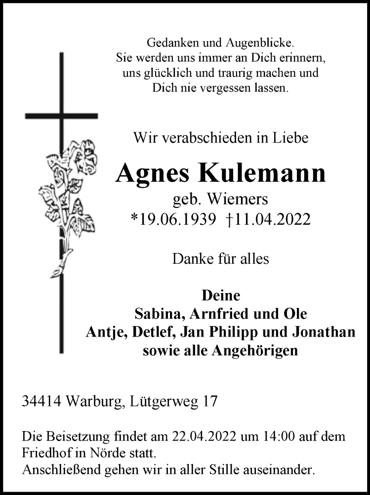  Traueranzeige für Agnes Kulemann vom 19.04.2022 aus Westfalen-Blatt