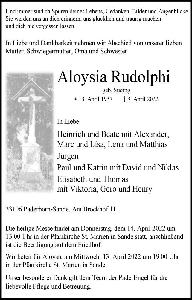  Traueranzeige für Aloysia Rudolphi vom 12.04.2022 aus Westfalen-Blatt