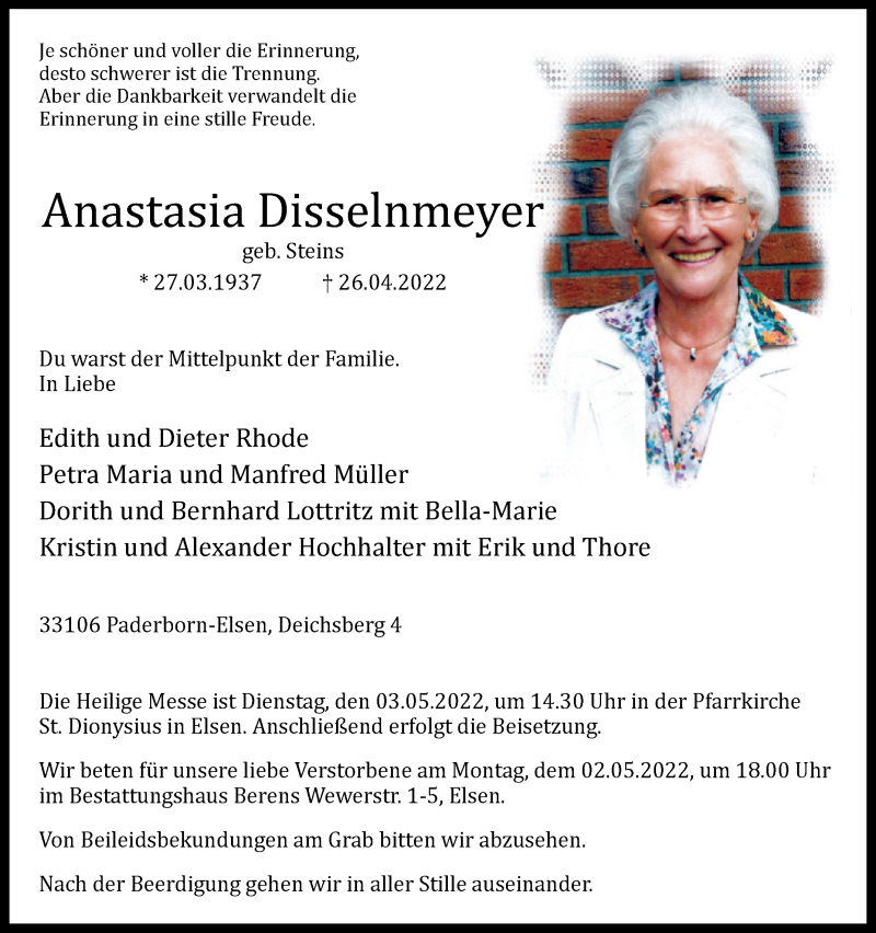  Traueranzeige für Anastasia Disselnmeyer vom 30.04.2022 aus Westfalen-Blatt