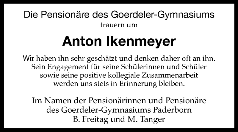  Traueranzeige für Anton Ikenmeyer vom 02.04.2022 aus Westfalen-Blatt