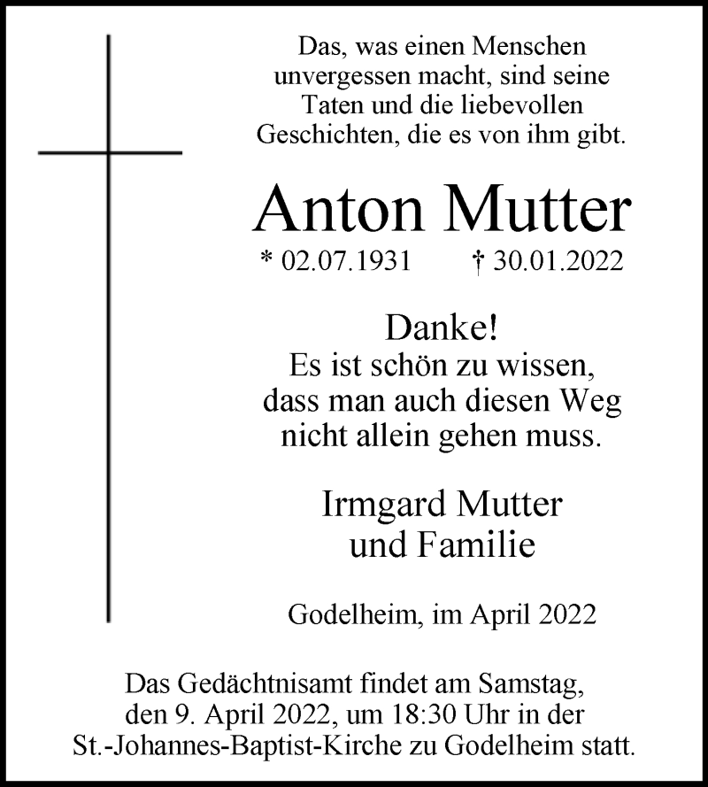  Traueranzeige für Anton Mutter vom 02.04.2022 aus Westfalen-Blatt