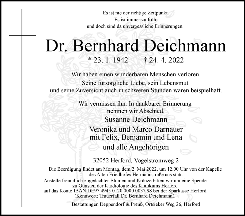  Traueranzeige für Bernhard Deichmann vom 29.04.2022 aus Westfalen-Blatt