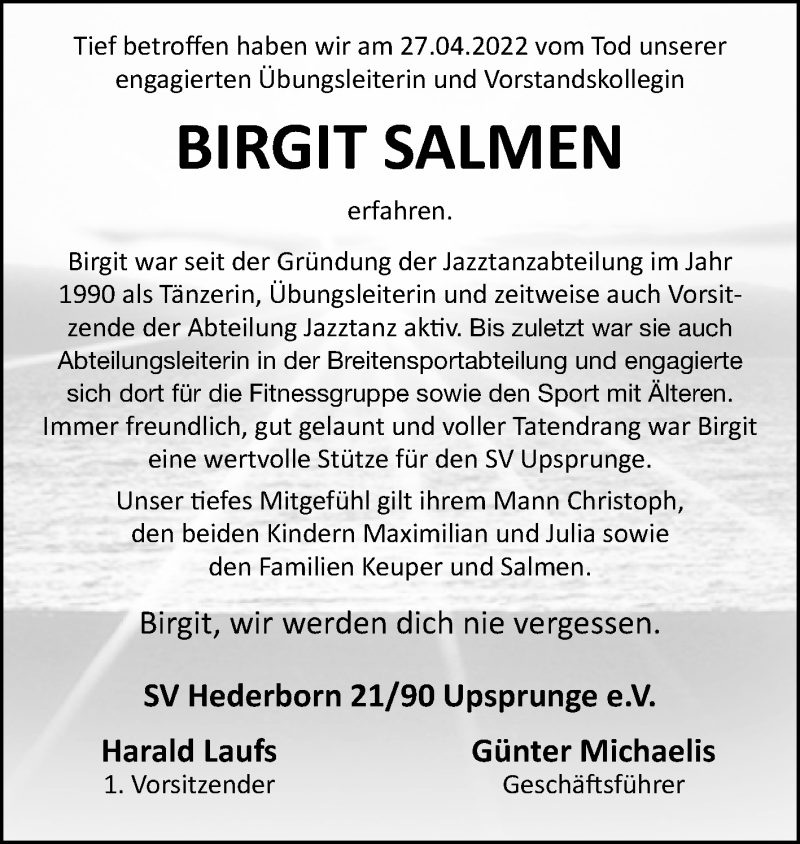  Traueranzeige für Birgit Salmen vom 30.04.2022 aus Westfalen-Blatt