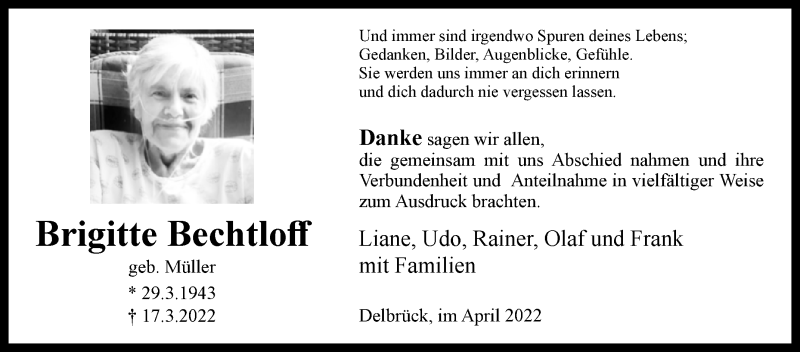  Traueranzeige für Brigitte Bechtloff vom 30.04.2022 aus Westfalen-Blatt