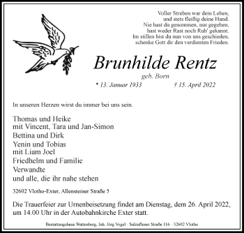 Traueranzeige von Brunhilde Rentz von Westfalen-Blatt