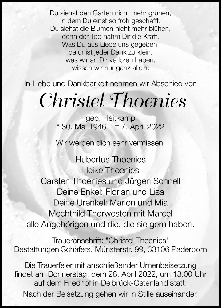  Traueranzeige für Christel Thoenies vom 23.04.2022 aus Westfalen-Blatt