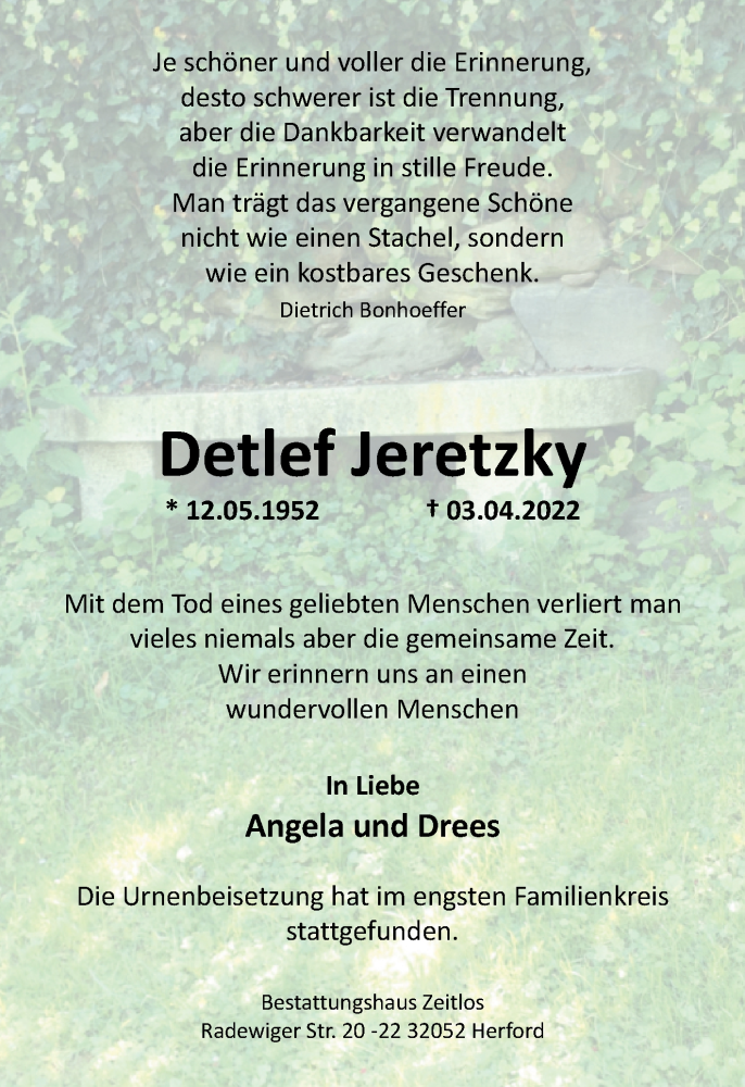  Traueranzeige für Detlef Jeretzky vom 30.04.2022 aus Westfalen-Blatt