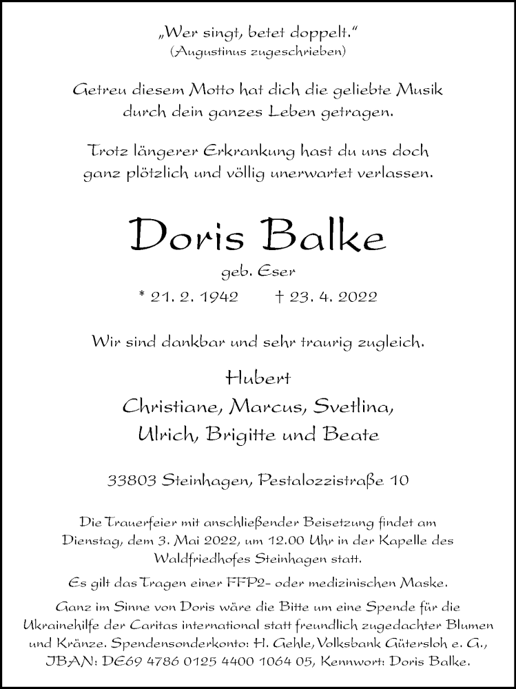  Traueranzeige für Doris Balke vom 28.04.2022 aus Westfalen-Blatt