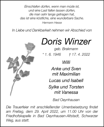 Traueranzeige von Doris Winzer von Westfalen-Blatt