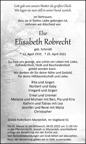 Traueranzeige von Elisabeth Robrecht von Westfalen-Blatt