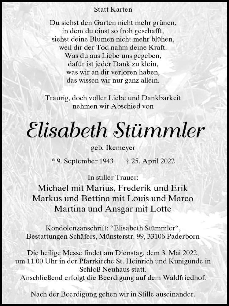  Traueranzeige für Elisabeth Stümmler vom 30.04.2022 aus Westfalen-Blatt