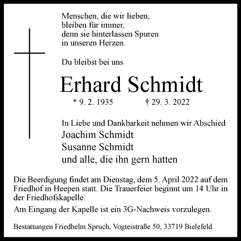  Traueranzeige für Erhard Schmidt vom 02.04.2022 aus Westfalen-Blatt