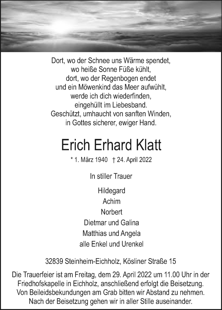 Traueranzeige für Erich Erhard Klatt vom 27.04.2022 aus Westfalen-Blatt