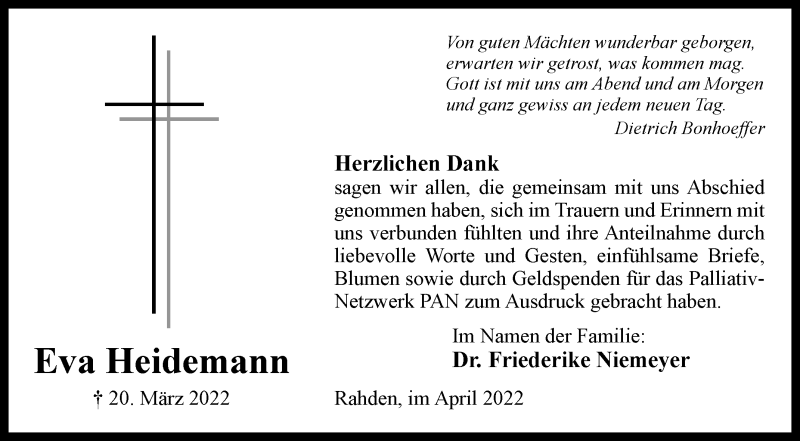  Traueranzeige für Eva Heidemann vom 30.04.2022 aus Westfalen-Blatt