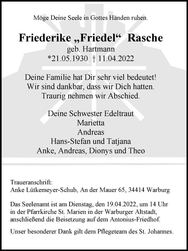  Traueranzeige für Friederike  Rasche vom 15.04.2022 aus Westfalen-Blatt