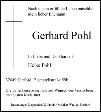 Traueranzeige von Gerhard Pohl von Westfalen-Blatt