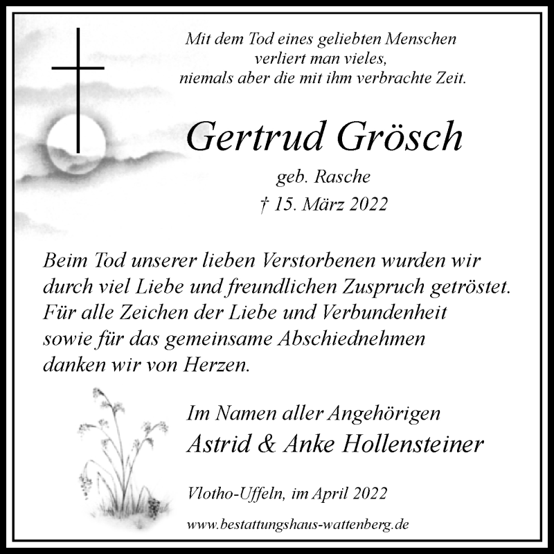  Traueranzeige für Gertrud Grösch vom 15.04.2022 aus Westfalen-Blatt