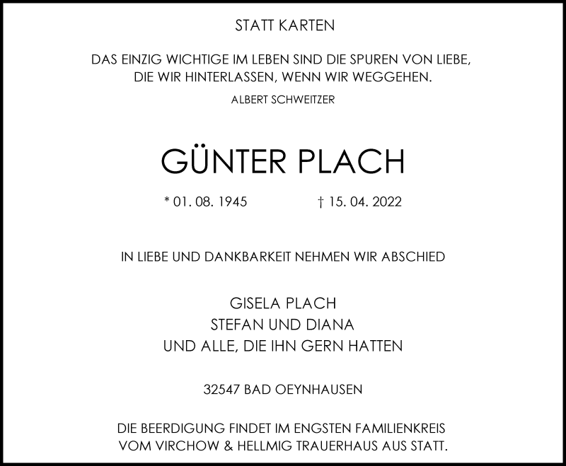  Traueranzeige für Günter Plach vom 20.04.2022 aus Westfalen-Blatt