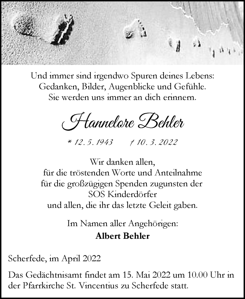  Traueranzeige für Hannelore Behler vom 30.04.2022 aus Westfalen-Blatt