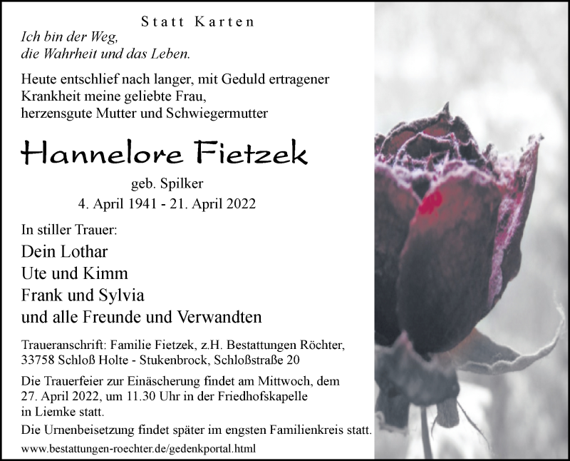  Traueranzeige für Hannelore Fietzek vom 23.04.2022 aus Westfalen-Blatt