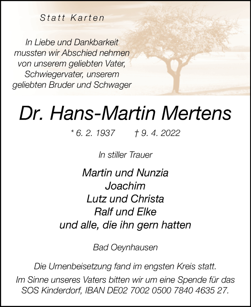  Traueranzeige für Hans-Martin Mertens vom 23.04.2022 aus Westfalen-Blatt
