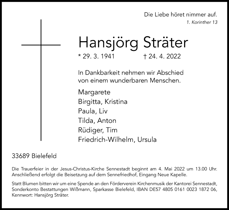  Traueranzeige für Hansjörg Sträter vom 30.04.2022 aus Westfalen-Blatt