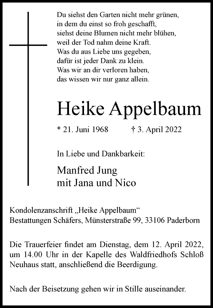  Traueranzeige für Heike Appelbaum vom 09.04.2022 aus Westfalen-Blatt