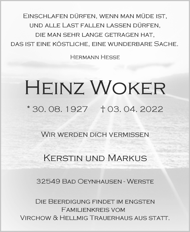  Traueranzeige für Heinz Woker vom 06.04.2022 aus Westfalen-Blatt