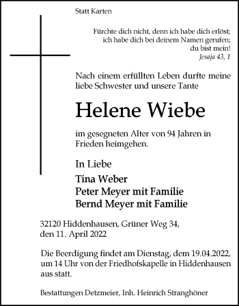 Traueranzeige von Helene Wiebe von Westfalen-Blatt