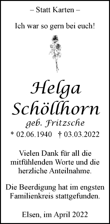 Traueranzeige von Helga Schöllhorn von Westfalen-Blatt
