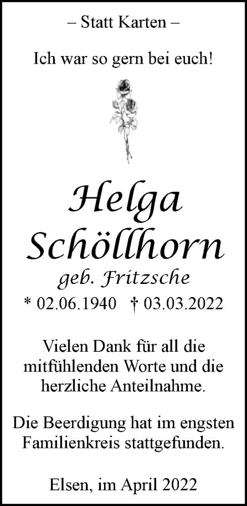  Traueranzeige für Helga Schöllhorn vom 02.04.2022 aus Westfalen-Blatt