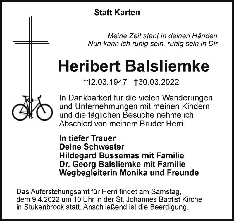  Traueranzeige für Heribert Balsliemke vom 06.04.2022 aus Westfalen-Blatt