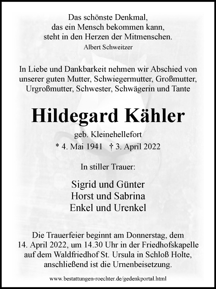  Traueranzeige für Hildegard Kähler vom 09.04.2022 aus Westfalen-Blatt