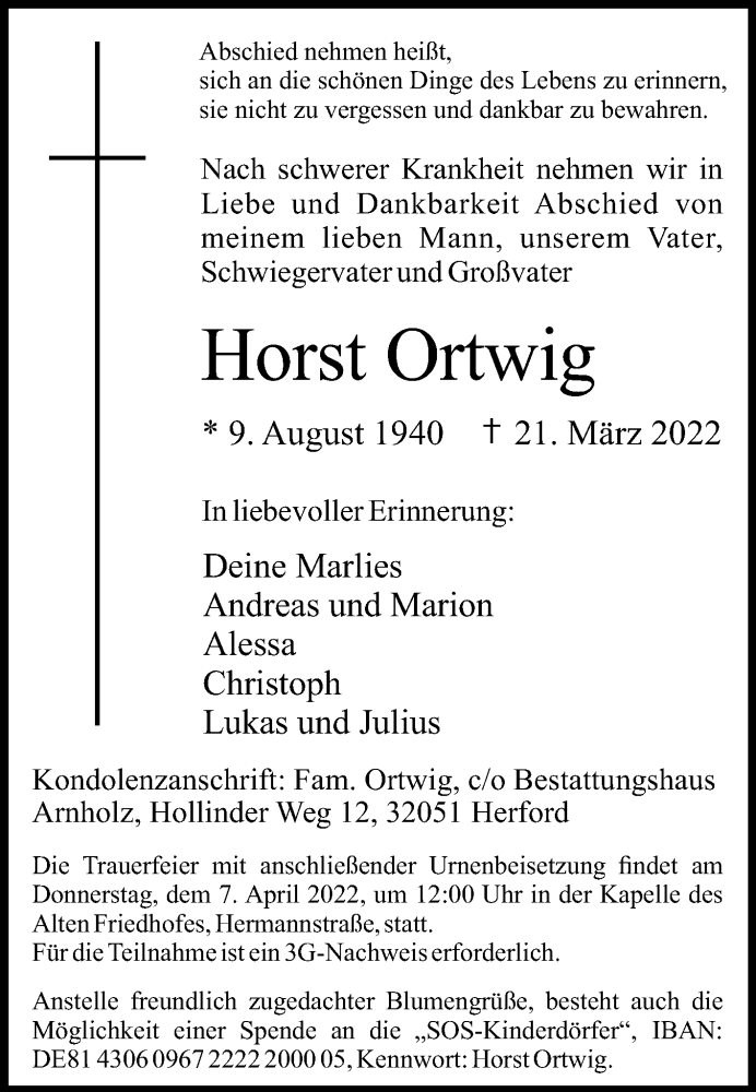  Traueranzeige für Horst Ortwig vom 02.04.2022 aus Westfalen-Blatt