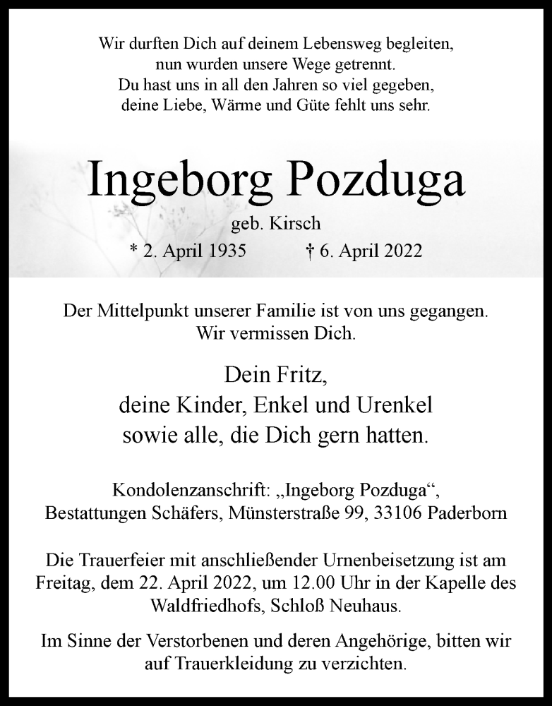  Traueranzeige für Ingeborg Pozduga vom 15.04.2022 aus Westfalen-Blatt