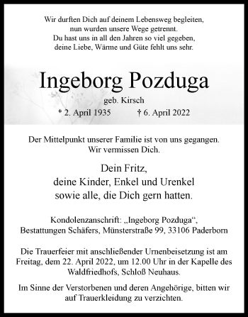 Traueranzeige von Ingeborg Pozduga von Westfalen-Blatt