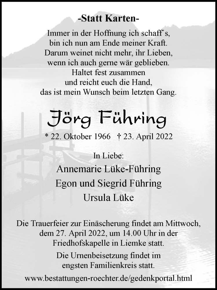  Traueranzeige für Jörg Führing vom 26.04.2022 aus Westfalen-Blatt