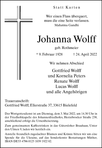 Traueranzeige von Johanna Wolff von Westfalen-Blatt