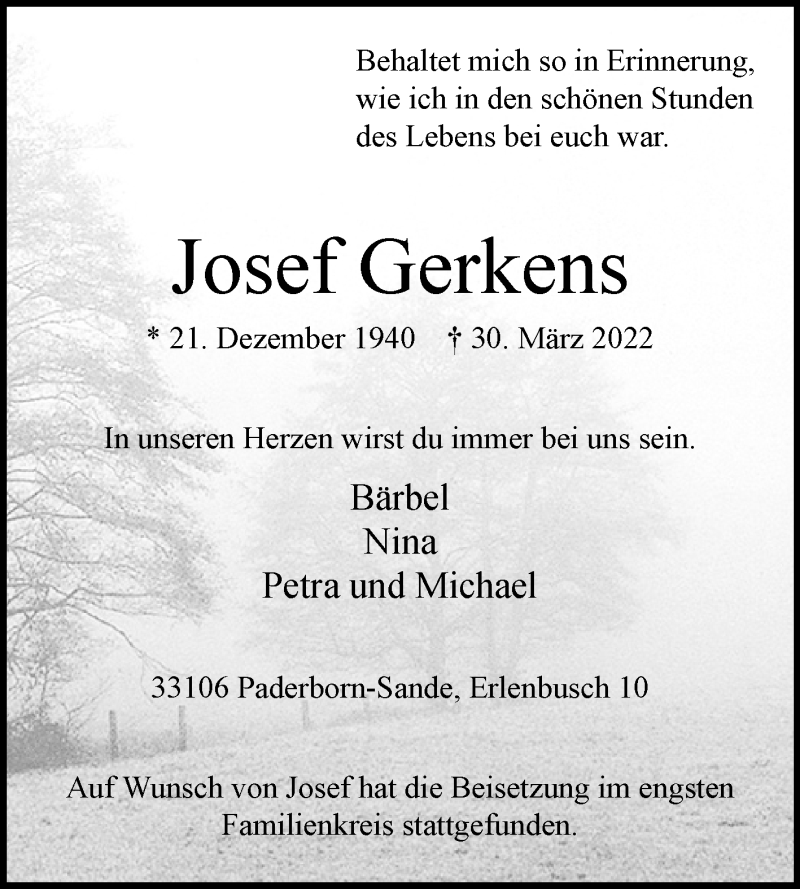  Traueranzeige für Josef Gerkens vom 09.04.2022 aus Westfalen-Blatt