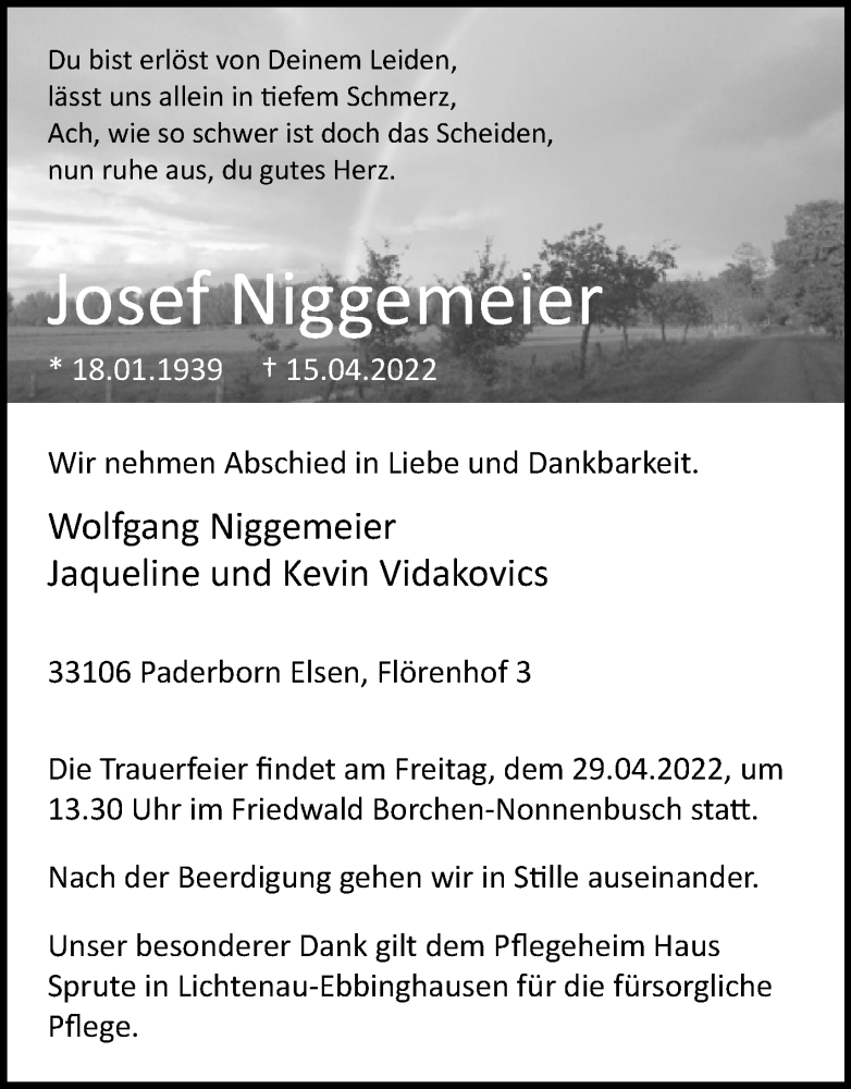  Traueranzeige für Josef Niggemeier vom 23.04.2022 aus Westfalen-Blatt