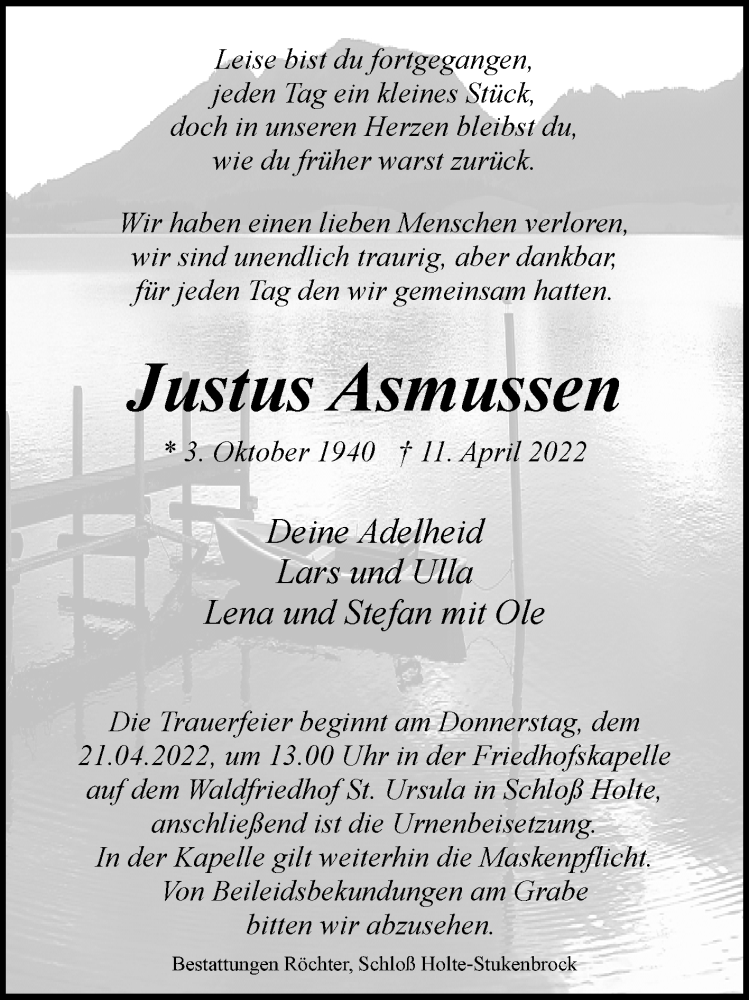  Traueranzeige für Justus Asmussen vom 15.04.2022 aus Westfalen-Blatt