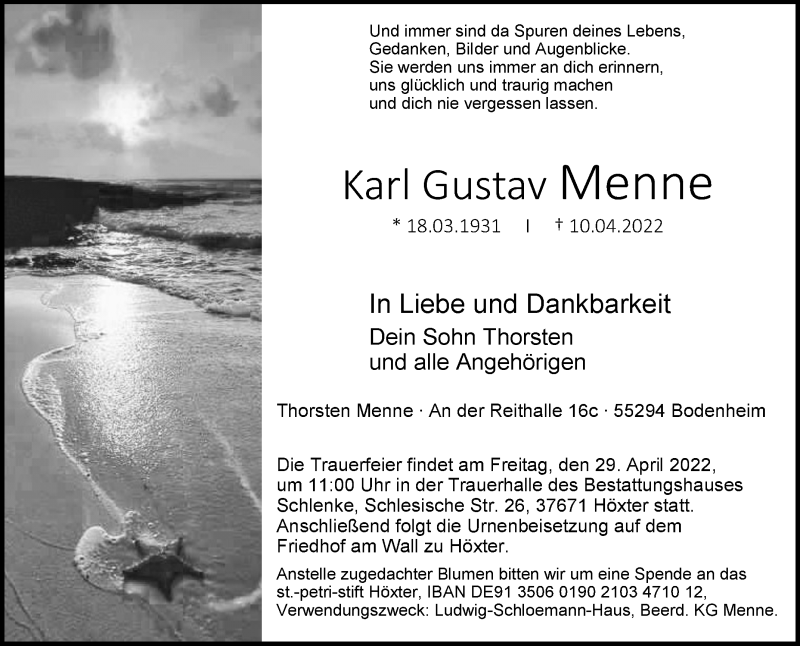  Traueranzeige für Karl Gustav Menne vom 23.04.2022 aus Westfalen-Blatt